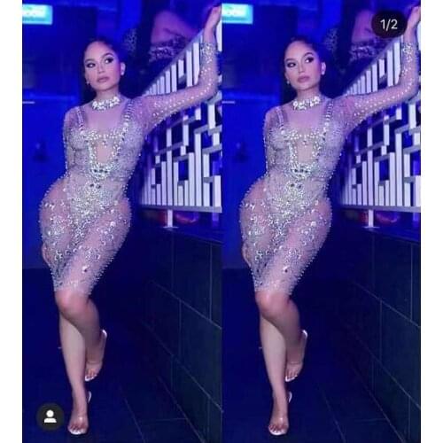 Sparkly Big Crystals Mesh Perspective Dress Evening Party Dresses Birthday Celebrate Costume Singer Performance Dance