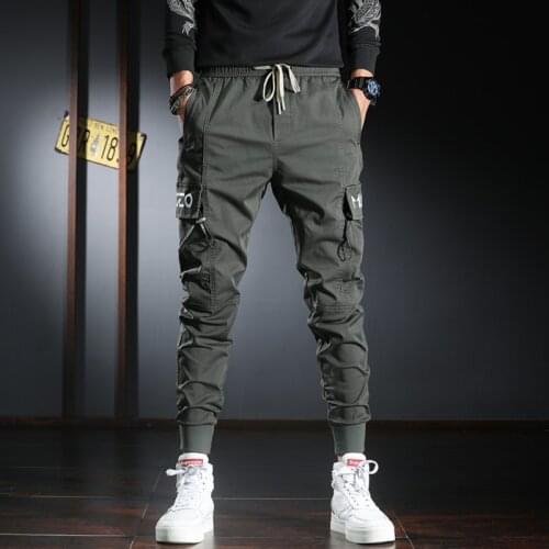 Hip Hop Mens Cargo Pants 2021 Spring Fashion Printed Trousers Korean Streetwear Black Elastic Waist Drawstring Joggers