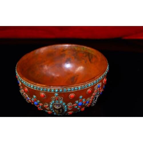 5"Tibet Temple Collection Old crystal Filigree mosaic Gem Dzi Bead Serving bowl Buddha bowl Town House Exorcism