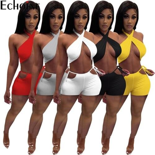 Echoine Women Solid Sexy Hollow out Two Piece Set Hanging Neck Backless Crop Top shorts Skinny Clothes Party Nightclub Outfits