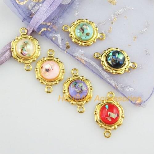 12 New Flower Charms Gold Color Retro Mixed Resin Round Connectors 15x23mm
