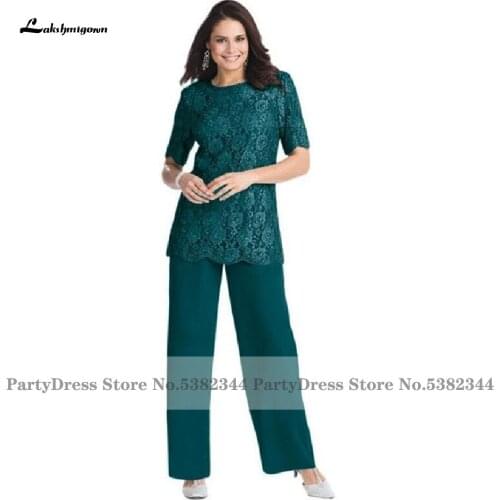 Lakshmigown Modest Godmother Evening Party Dress Dark Green Pant Suit Lace Chiffon Long Mother Of The Bride Dresses 2020