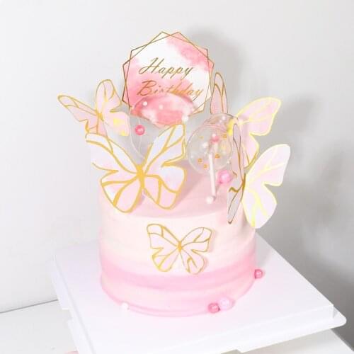 Cute Butterfly Wedding Cake Topper Gold Foil Happy Birthday Cupcake Topper For Girls Birthday Party Cake Decorations Baby Shower
