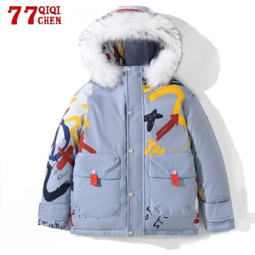 Winter Hooded Jacket parka Men White duck down Thicken Warm Windproof fur colllar Coat Male Casual print down Windbreaker