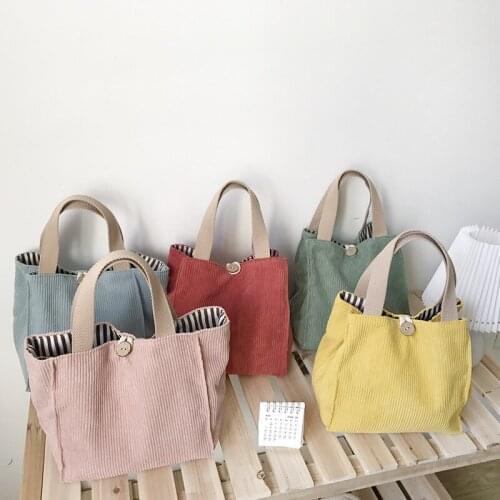 Solid color corduroy lunch box bag student convenient carrying lunch box bags Simple tote handbag