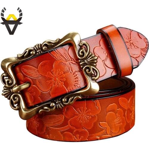 Fashion Wide Genuine leather belts for women Vintage Floral Pin buckle Woman belt High quality second layer Cow skin jeans strap