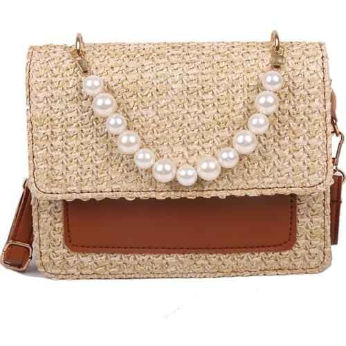 Straw bag womens 2021 new summer simple small square bag beach vacation one Shoulder Messenger Bag pearl handbag