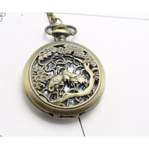 Vintage Bronze antiques quartz swan Hollow out woman and men Necklace pocket watches gift