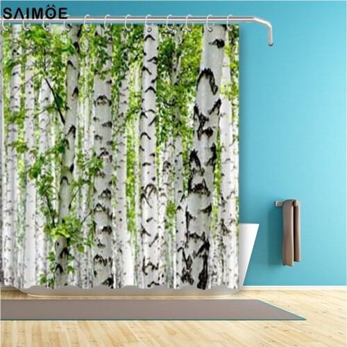 Birch Tree Forest Branch Leaves Waterproof and Mildew Resistant Fabric Bathroom Shower Curtain White Green Brown Sets