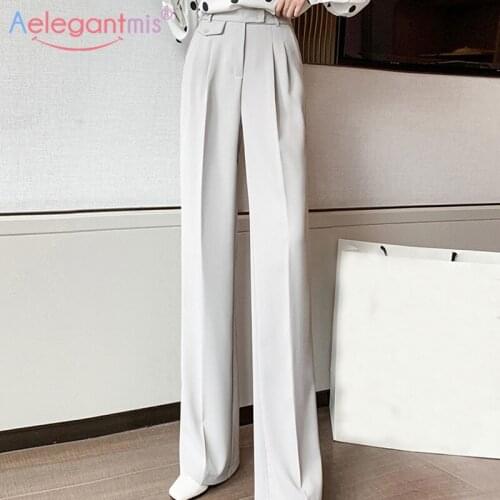Aelegantmis High Waist Wide Leg Pants Women Korean Chic Casual Trousers 2021 Vintage Streetwear Basic Straight Pants Harajuku