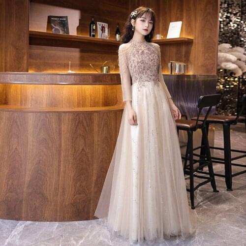 Woman Exquisite Sequins Bling Beading Evening Dress Long Sleeve A-Line Floor-Length Tulle Party Formal Gown