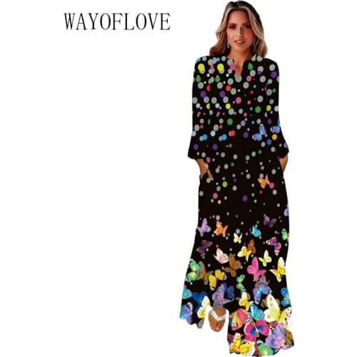 WAYOFLOVE Dots Butterfly Print Black Dress 2021 Autumn Long Sleeve Beach Casual Plus Size Dresses Woman Elegant Girls Long Dress