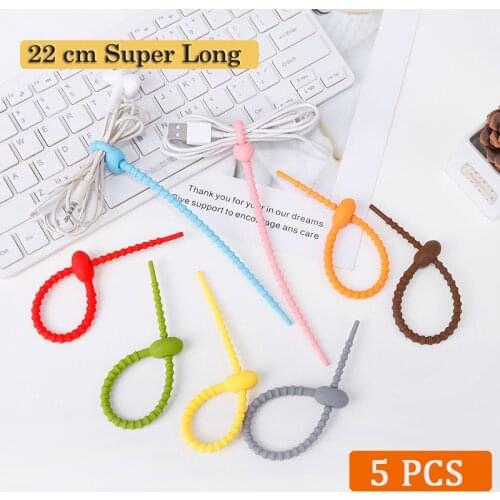5PCS Cable Cord Winder Ties Silicone Cable Tie Straps Hook Reusable Durable Loop Protector Tidy Organizer Wire Straps 21cm