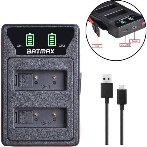 Batmax PS-BLS1 BLS1 LED Dual Charger with Type C Port for Olympus E-400,E-410,E-420,E-450,PEN E-P1, E-P2, E-P3, E-PL1, E-PL3