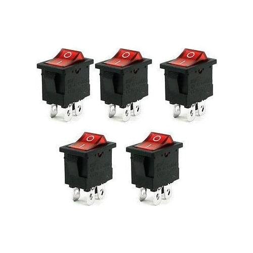 KCD1 AC 250V/6A 125V/10A 4 Pins DPST On/Off Rocker Switch w Light 5 Pcs red