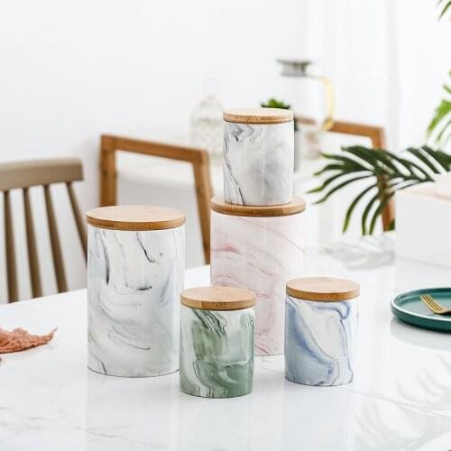 Ceramic Storage Organizer Coffee Tea Container Kitchen Storage Tank With Cover Storage Jar Nordic Style Marble Storage Bottle