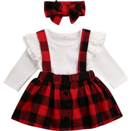 0-18M Newborn Baby Girl Clothes Sets Knitted Romper Tops Plaid Bib Dress+Headband 3pcs Christmas Babys Outfits Dropshipping