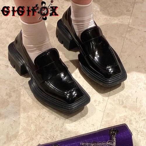 Great Quality Brand Design Patent Leather Chunky Heel Platform Gothic Cool Black Comfy Walking Shoes Women Loafers Footwear