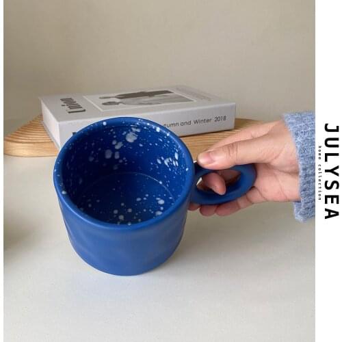 Fashion Blue Ceramic Coffee Mug Creative Handle Irregular Coffee Cup Large Couple Breakfast Tea Cups Handmade Ethiopian Cups