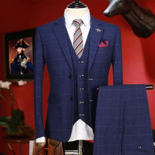 Men suits for wedding blue plaid groom wear mens suits with pants slim fit gentleman businessman blazer vest pant 3 pieces set