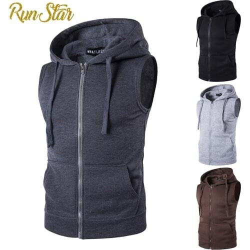 Men Fitness Hoodies Tank Tops Sleeveless Zipper Sweatshirt Male Workout Hooded Waistcoat Solid Slim Male Vest Tops Clothes