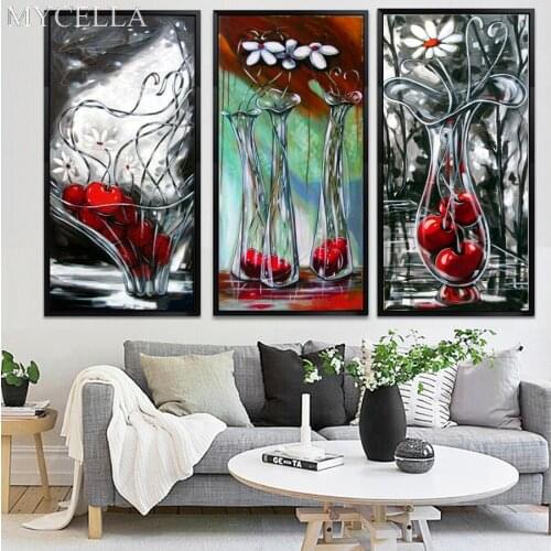 MYCELLA Handmade Needlework Diy Diamond Painting Kit Diamond Embroidery Full Rhinestone Flower Cross Stitch Cherries And Vases