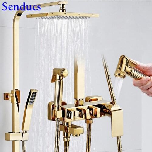 Senducs Gold Shower Set Quality Brass Bathroom Shower System Hot Cold Gold Bath Shower Faucet Newly Square Gold Shower Sprayer