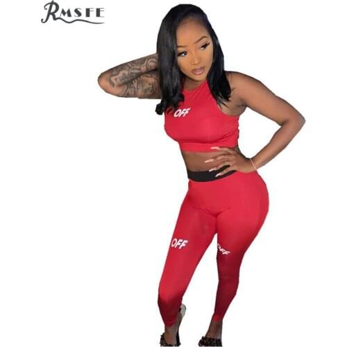 RMSFE 2020 New Red Sport Fitness O-neck Two Piece Set Solid 2 Piece Set Women Sleeveless Strap And Pant Summer Sets