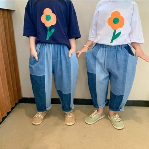 2021 new style girls boys denim patchwork pants summer fashion kids flare pants