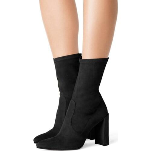 New Women Boots Square Heels Pointed Toe Mid-Calf Boots Woman Shoes Flock Leather Female Autumn Boots Black White