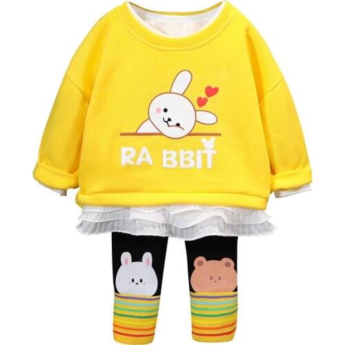 Baby girl clothes spring and autumn cotton suit girl cartoon cute rabbit round neck top casual clothes baby girl two-piece suit