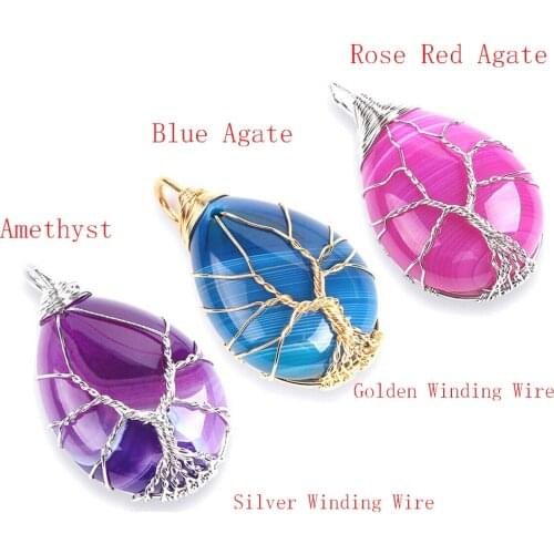 Tree of Life Necklace Natural GemStone Amethyst Pendant Gold Silver Color Wire Wrap Crystals Rose Red Agate Jewelry Minerals
