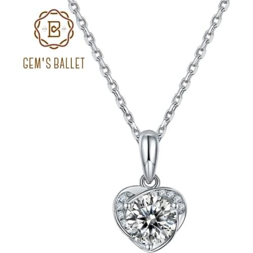 GEMS BALLET 925 Sterling Silver Jewelry 6.5mm 1.0Ct D Color Moissanite Diamond Heart Pendant Necklace For Women Wedding