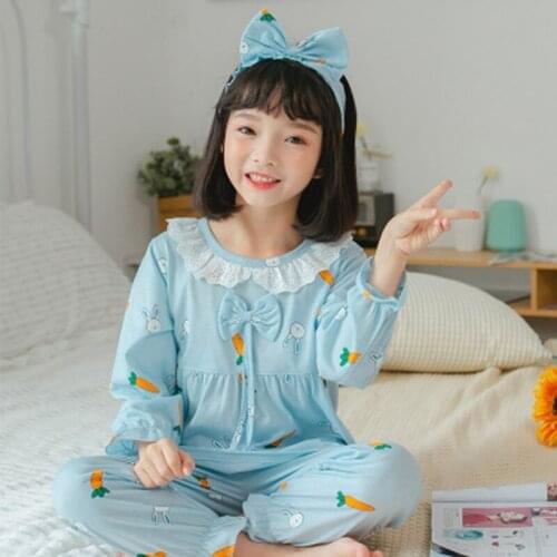 2020 New Spring/summer girl baby 3-12 years old long sleeve childrens pajamas lace set hair band pajamas