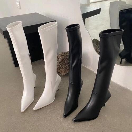 Fashion Women Stretch Boots Knee Boots Pointed Toe Black White Side Zipper Elegant Autumn Winter Knight Boots Woman Size 35-39
