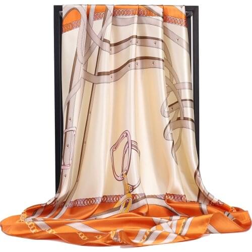 Silk Scarf Women Summer Fashion Likable Pink Navy Print Square Bandana Satin Headscarf Foulard En Soie 90CM