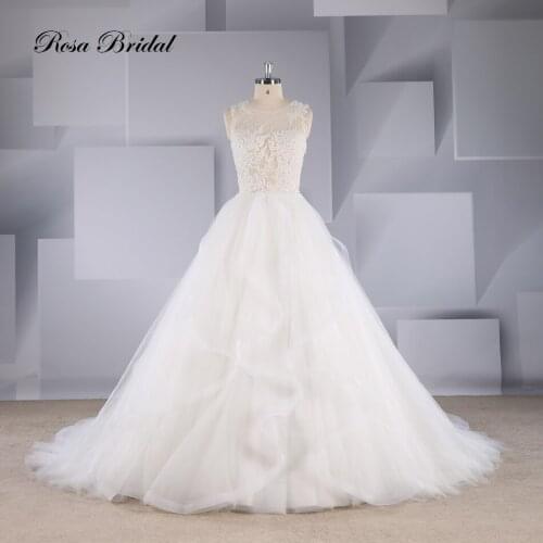 Rosabridal A-line Wedding Dress 2019 Newest O collar sleeveless full beading lace appliques bodice fancy ruffled skirt