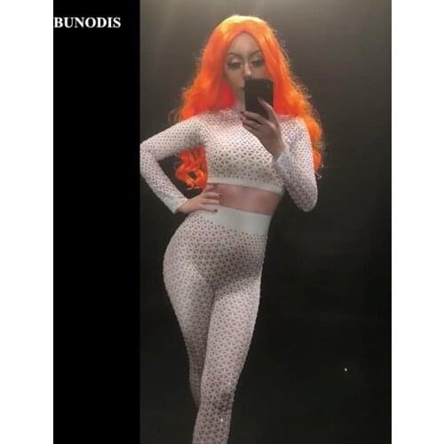 ZD178 Women 3D White Grid Sexy Jumpsuit Sparkling Crystals Nightclub Birthday Party Bodysuit Stage Wear Dancer Singer Clothed