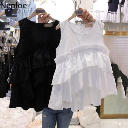 Neploe Ruffles Blouse Women Spring 2021 New Solid O Neck Sleeveless Ladies Blusa Shirts Fashion Casual Female Tops 1B704