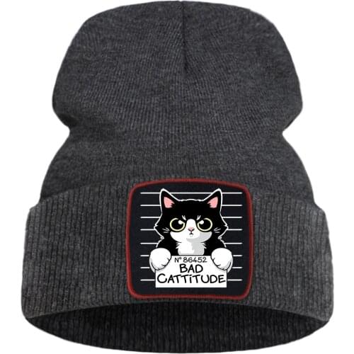 Bad Cattitude Cat Cartoon Printing Women Winter Knit Hats Outdoor Casual Unisex Autumn Hat Warm Fashion Punk Beanie For Boy