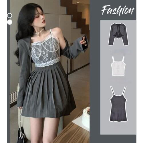 Dress Sets Women Summer Fashion Solid Elegant College Lace Korean Style Slim All-match Streetwear 3 Piece Outfits Vintage Female