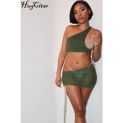 Hugcitar 2021 Sleeveless Asymmetric Slope-Shoulder See-Through Sexy Crop Top Skirt 2 Pieces Set Summer Women Fashion Y2K