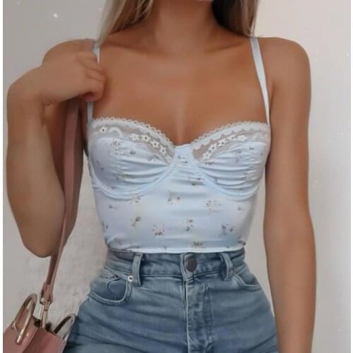 Summer Sweet Camis Shoulder Strap Tanks Tops Floral Printed Lace Frill Camisole Women Sleeveless Sweet Halter Tube Crop Top