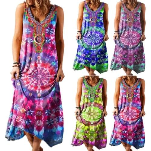 Women Bohemian Maxi Dress Summer Casual O-Neck Loose Plus Size Long Dresses Female Sleeveless Print Sundress 2021 Vestidos S-5XL