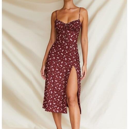 Wine Floral Dress Women Prairie Chic Paghetti Straps Backless Chest Draped Lace Up Side Split Sexy Long Dresses 2021 New
