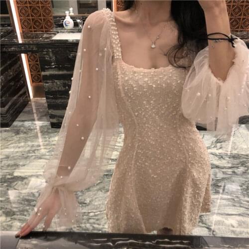 Chic Beading Women Lace Dress Fashion Backless Elegant Ladies Square Collar Dress Vintage Lantern Sleeve Mini A-line Dresses