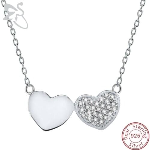 ZS Double Hearts Pendant Necklace 925 Sterling Silver Necklaces Cubic Zirconia Pendants Choker Female Womens Couple Gifts Colar