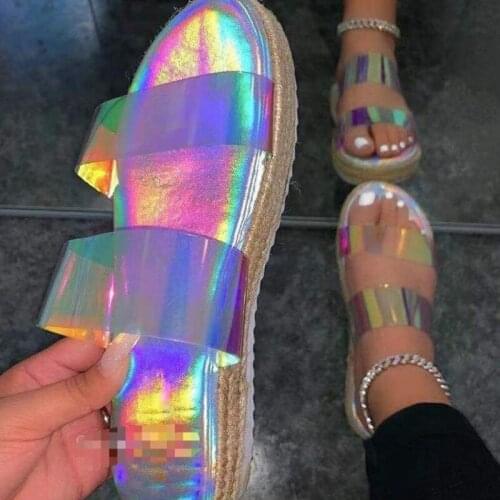 2021 Women Fashion Sandals Outdoor Walking Flat Shoes Rhinestone Transparent Colorful Upper Ladies Sandals Hemp Rope Large Size