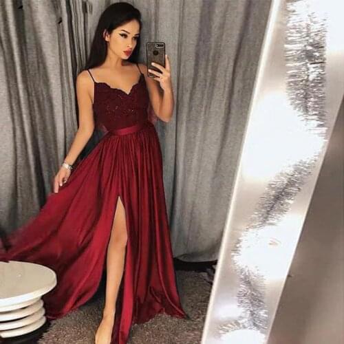ANGELSBRIDEP Spaghetti Straps Long Evening Party Dresses Vestidos de festa Sexy side Split Formal Abendkleider Prom Dresses HOT