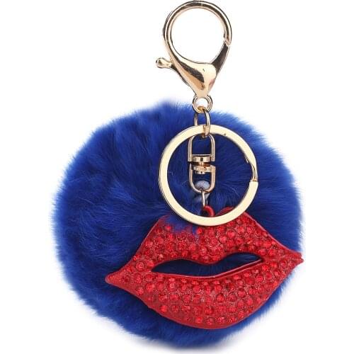 Pom Pom Keychain Women Ball Pompon Rhinestone Red Lip Key Chain Keyring Holder Purse Handbag Bag Charm Trinket Chaveiro Llavero
